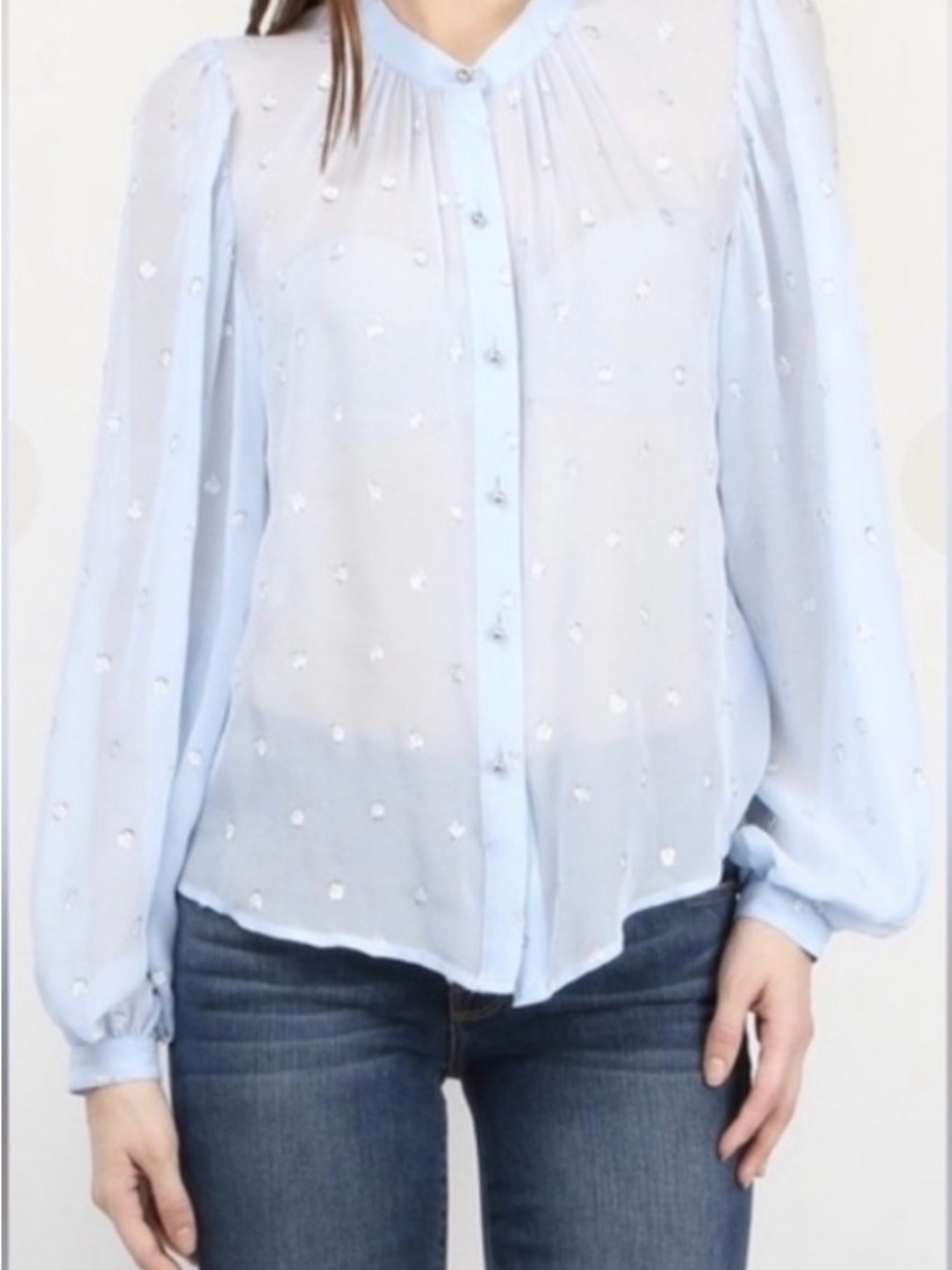 Veronica Beard Ashlynn Metallic Dot Silk Blouse Sheer Light Blue 4 oversized